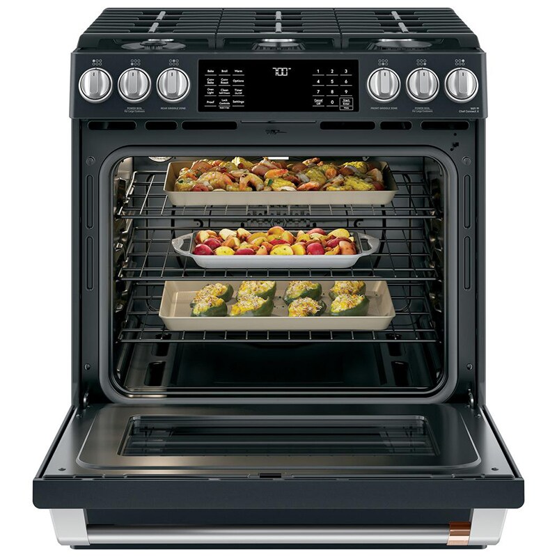 Cafe 30 in. 5.6 cu. ft. Smart Air Fry True European Convection Slide-In Gas Range with 6 Sealed Burners & Griddle - Matte Black, Matte Black, hires