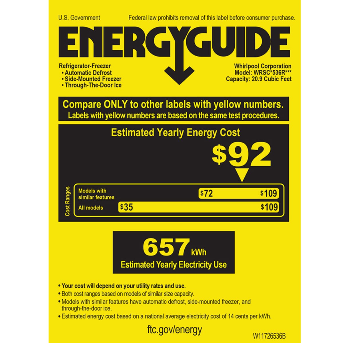 Whirlpool 36 in. 20.9 cu. ft. Counter Depth Side-by-Side Refrigerator with Ice & Water Dispenser - Fingerprint Resistant Stainless, , hires