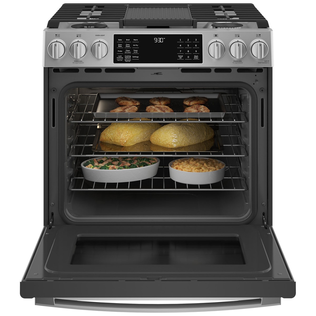GE Profile 30 in. 5.7 cu. ft. Smart Air Fry True European Convection Slide-In Dual Fuel Range with 5 Sealed Burners, Grill & Griddle - Fingerprint Resistant Stainless, , hires