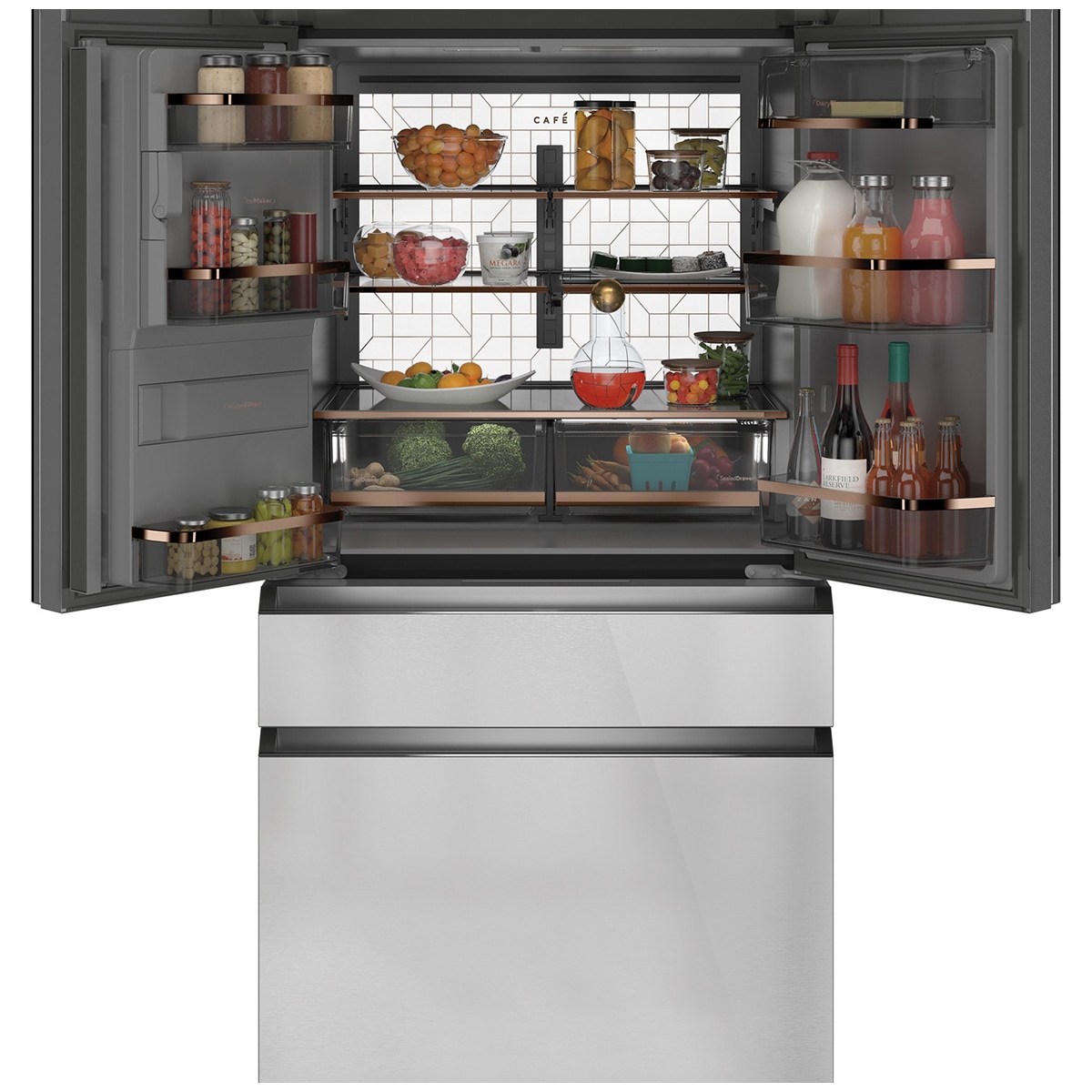Cafe 36 in. 22.3 cu. ft. Smart Counter Depth 4-Door French Door Refrigerator with Ice & Water Dispenser - Platinum Glass, Platinum Glass, hires