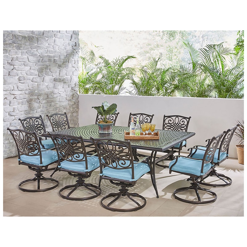Hanover Traditions 11 - Piece Dining Set with Swivel Rockers - Blue, , hires