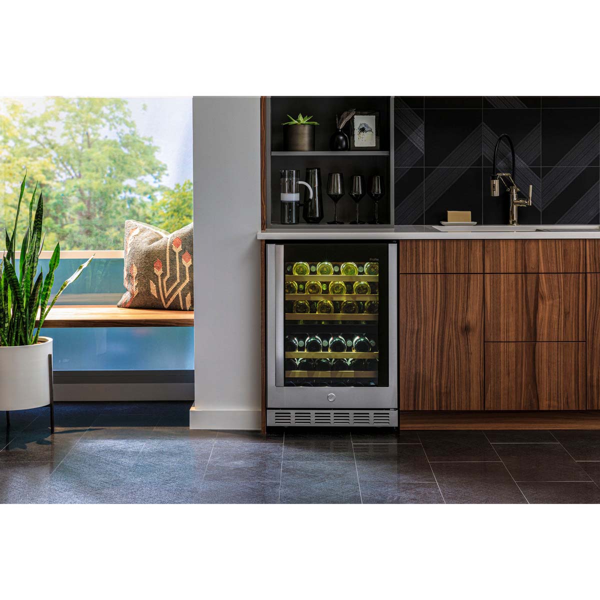 GE 24 in. Undercounter Wine Cooler with Wood Racks, Dual Temperature Zones & 44 Bottle Capacity - Stainless Steel, , hires
