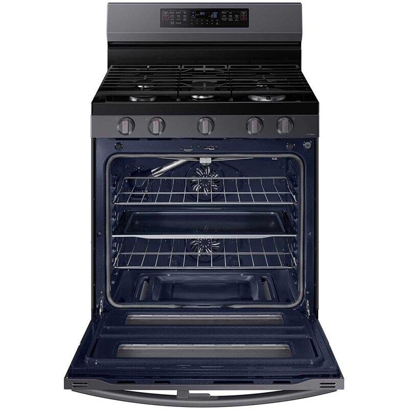 Samsung 30 in. 6 cu. ft. Smart Air Fry True European Convection Double Oven Gas Range with 5 Sealed Burners & Griddle - Black Stainless, Black Stainless, hires