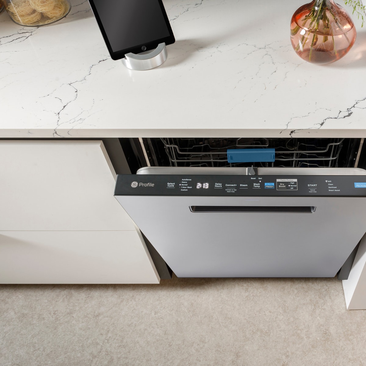 GE Profile 24 in. Top Control Flush-Mount Smart Dishwasher with 39 dBa Sound Level, 3rd-Rack, Twin Turbo Dry Boost & Pocket Handle - Fingerprint Resistant Stainless, , hires