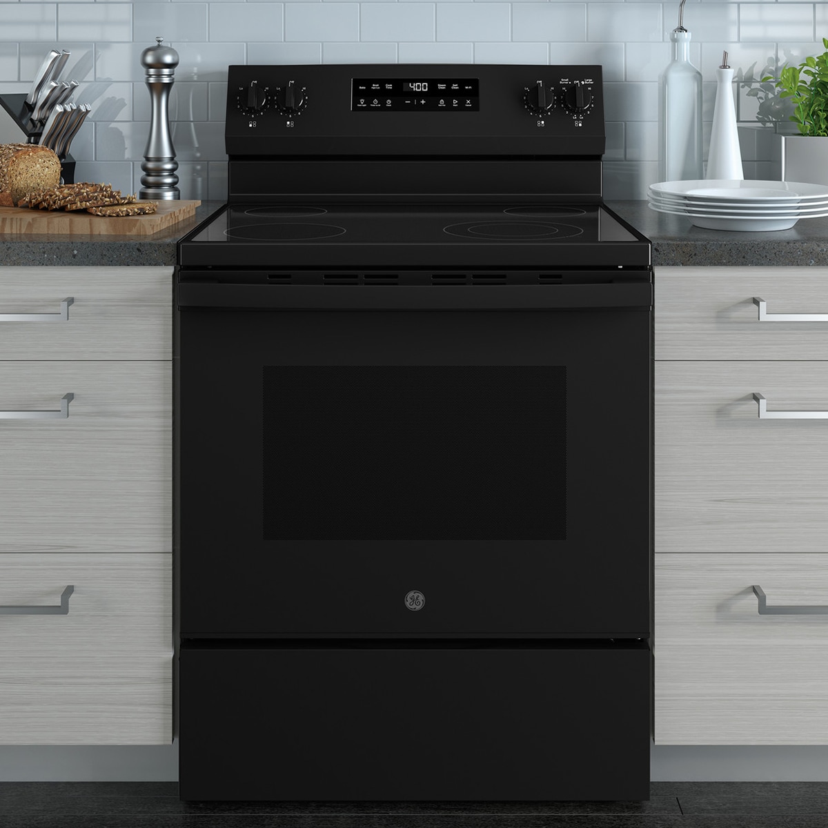 GE 400 Series 30 in. 5.3 cu. ft. Smart Electric Range with Radiant Burners - Black, Black, hires