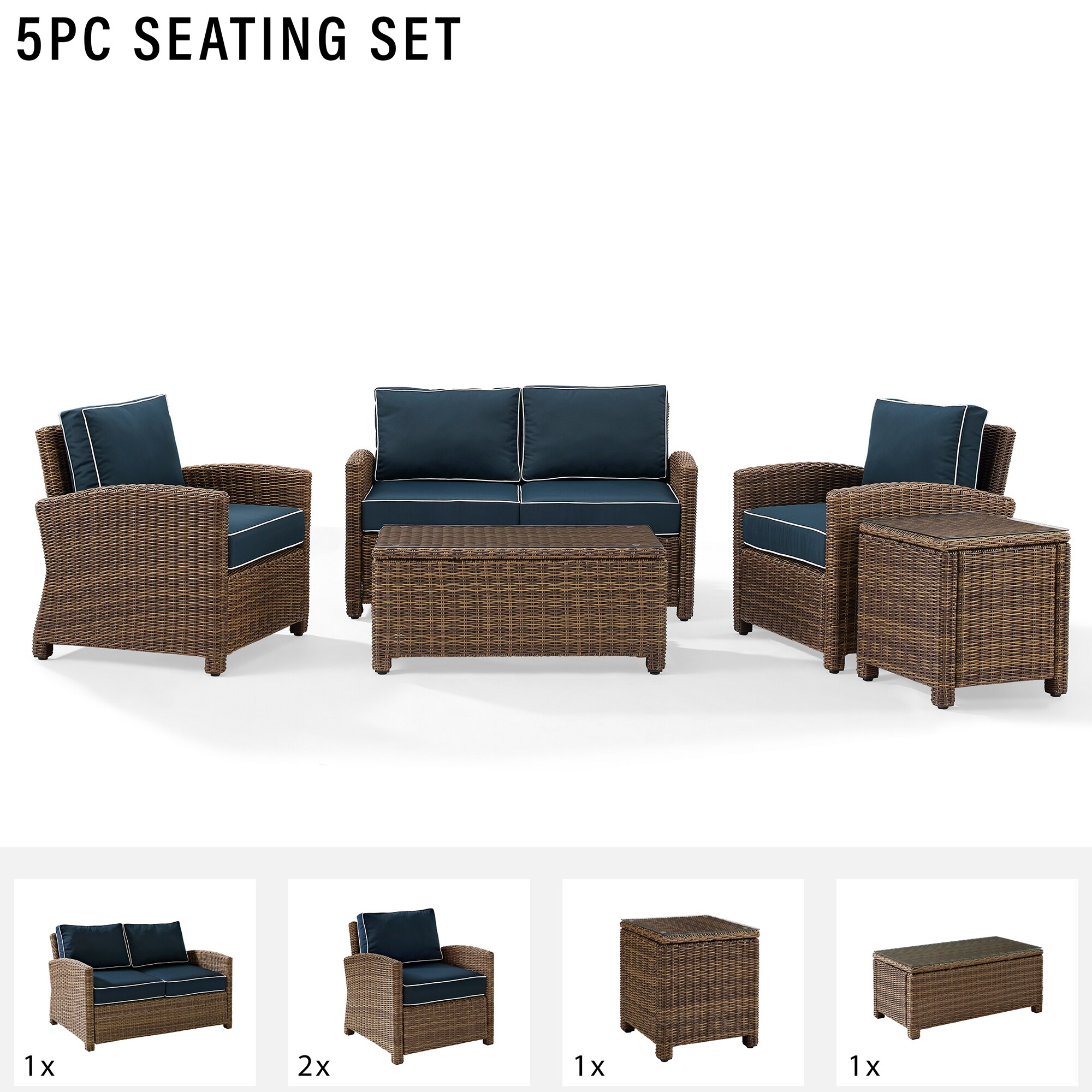 Crosley Bradenton 5 Piece Wicker Outdoor Conversation Set - Navy, , hires