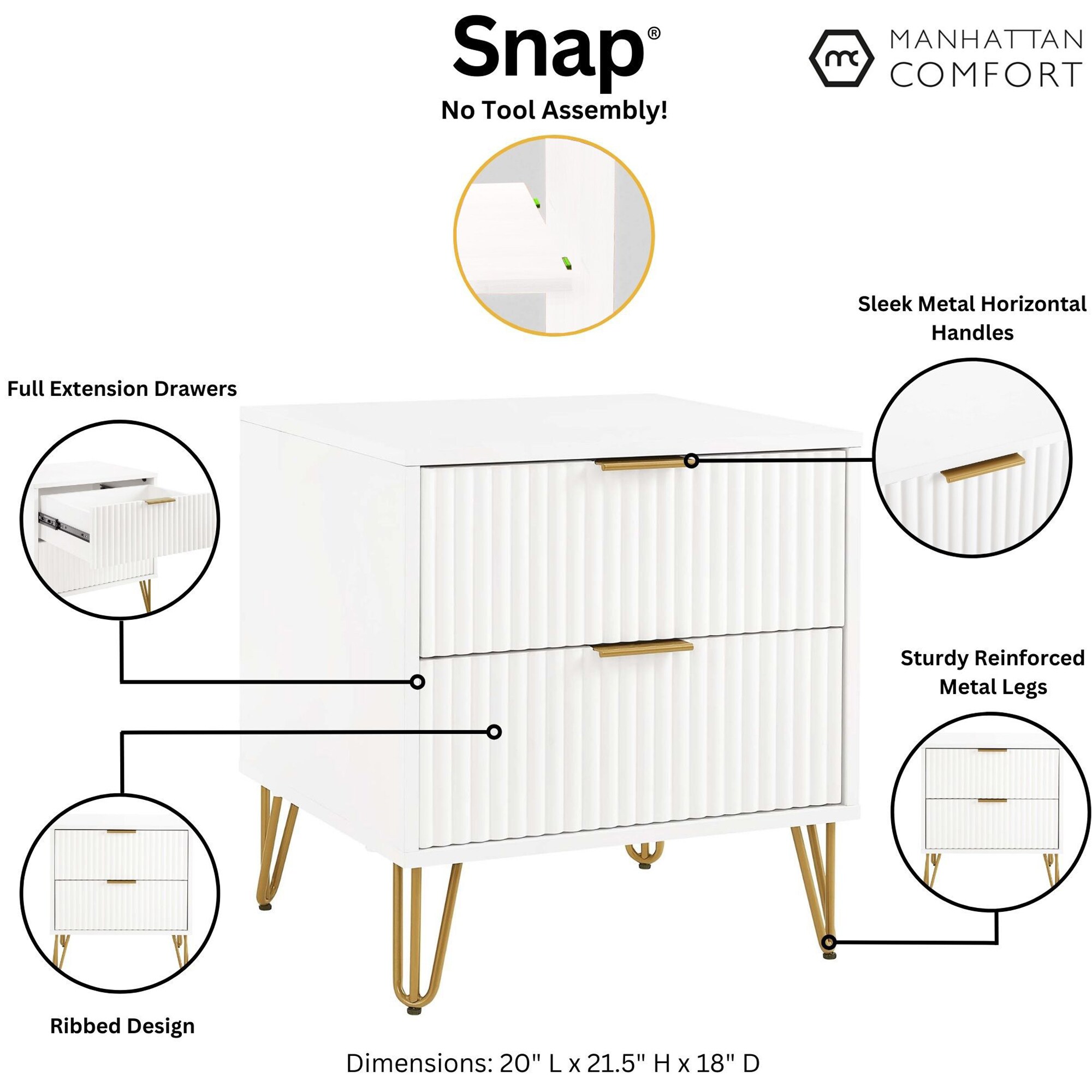 Manhattan Comfort DUMBO 2.0 Modern Nightstand with 2 Drawer & Metal Feet - White, White, hires