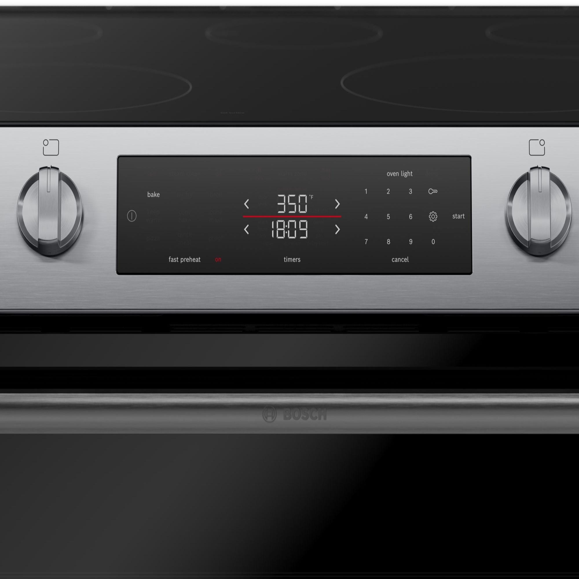Bosch 100 Series 30 in. 5.8 cu. ft. Air Fry Standard Convection Slide-In Electric Range with Smoothtop Burners - Stainless Steel, , hires