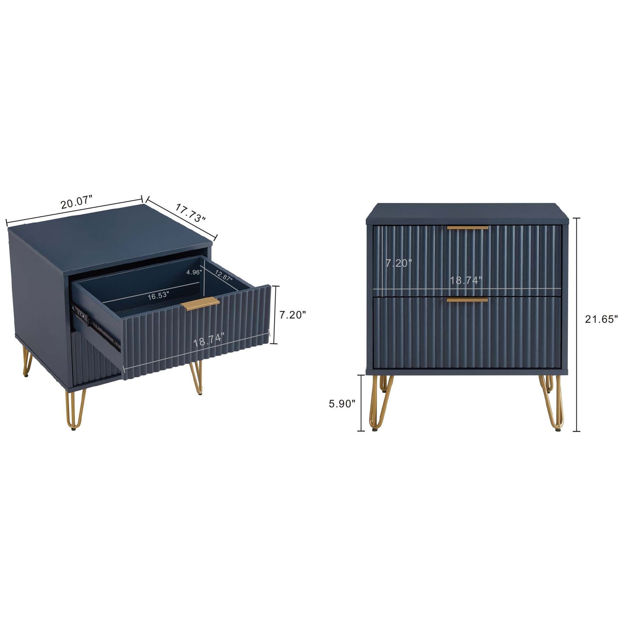 Manhattan Comfort DUMBO 2.0 Modern Nightstand with 2 Drawer & Metal Feet - Midnight Blue, Midnight Blue, hires