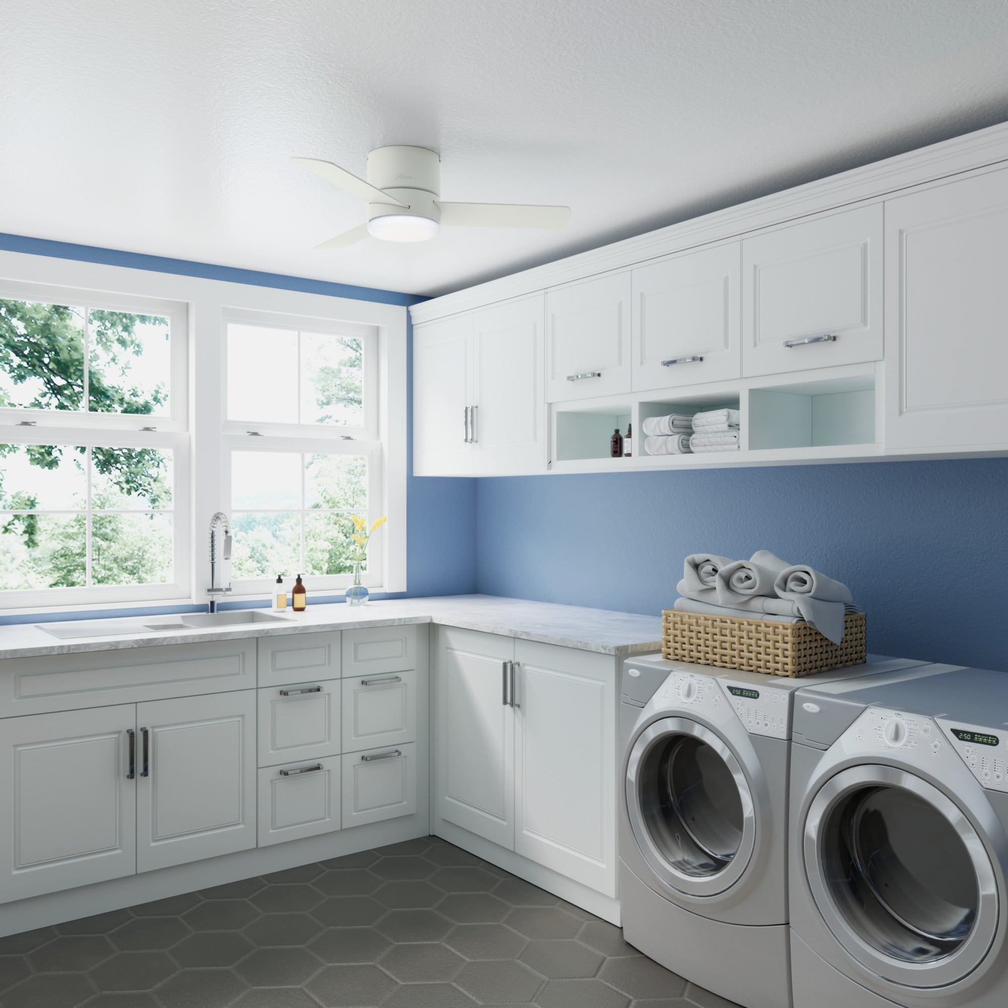 Hunter 44" Minimus Low Profile Ceiling Fan with LED Light Kit and Handheld Remote - Fresh White, White, hires