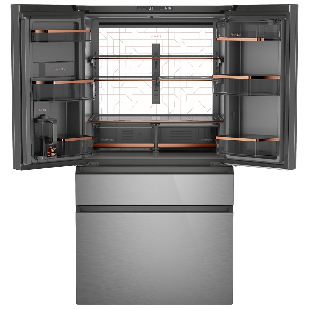 Cafe 36 in. 23.2 cu. ft. Smart Counter Depth 4-Door French Door Refrigerator with Internal Water AutoFill Pitcher - Platinum Glass, , hires