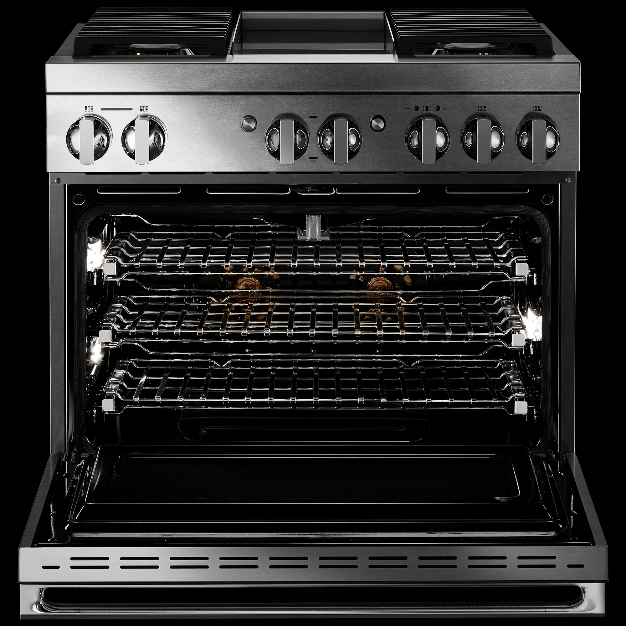 JennAir Noir Series 36 in. 5.1 cu. ft. Smart True European Convection Dual Fuel Range with 4 Sealed Burners & Griddle - Stainless Steel, , hires