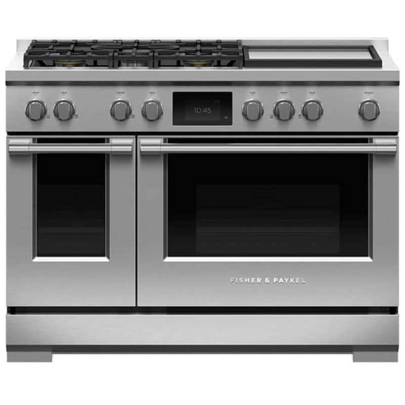 Fisher Paykel Pro Series 9 48 in. 6.9 cu. ft. Smart Air Fry True European Convection Double Oven Dual Fuel Range with 5 Sealed Burners & Griddle - Stainless Steel, , hires