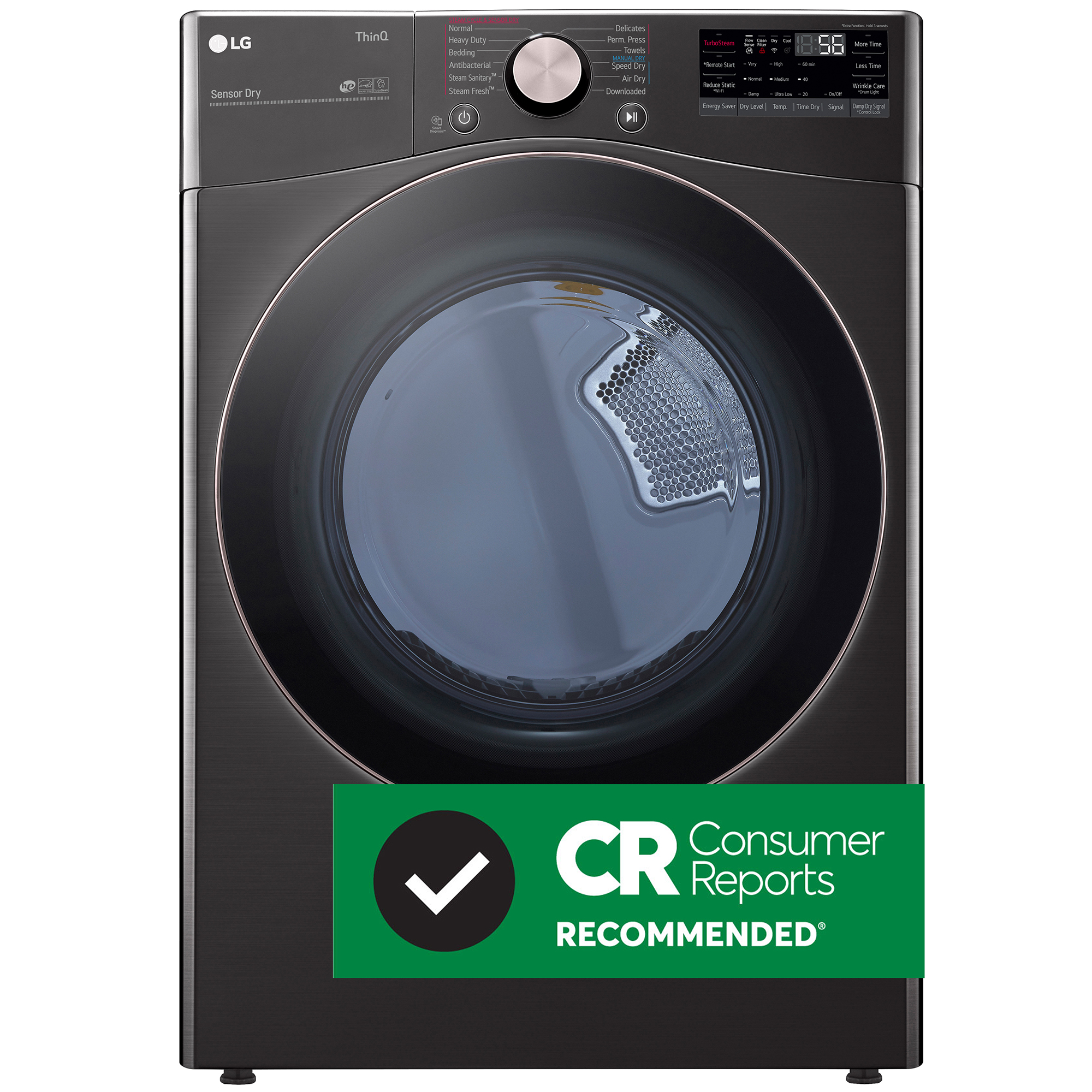 LG 27 in. 7.4 cu. ft. Electric Dryer with 12 Dryer Programs, 12 Dry Options, Sanitize Cycle, Wrinkle Care & Sensor Dry - Black Steel, Black Steel, hires