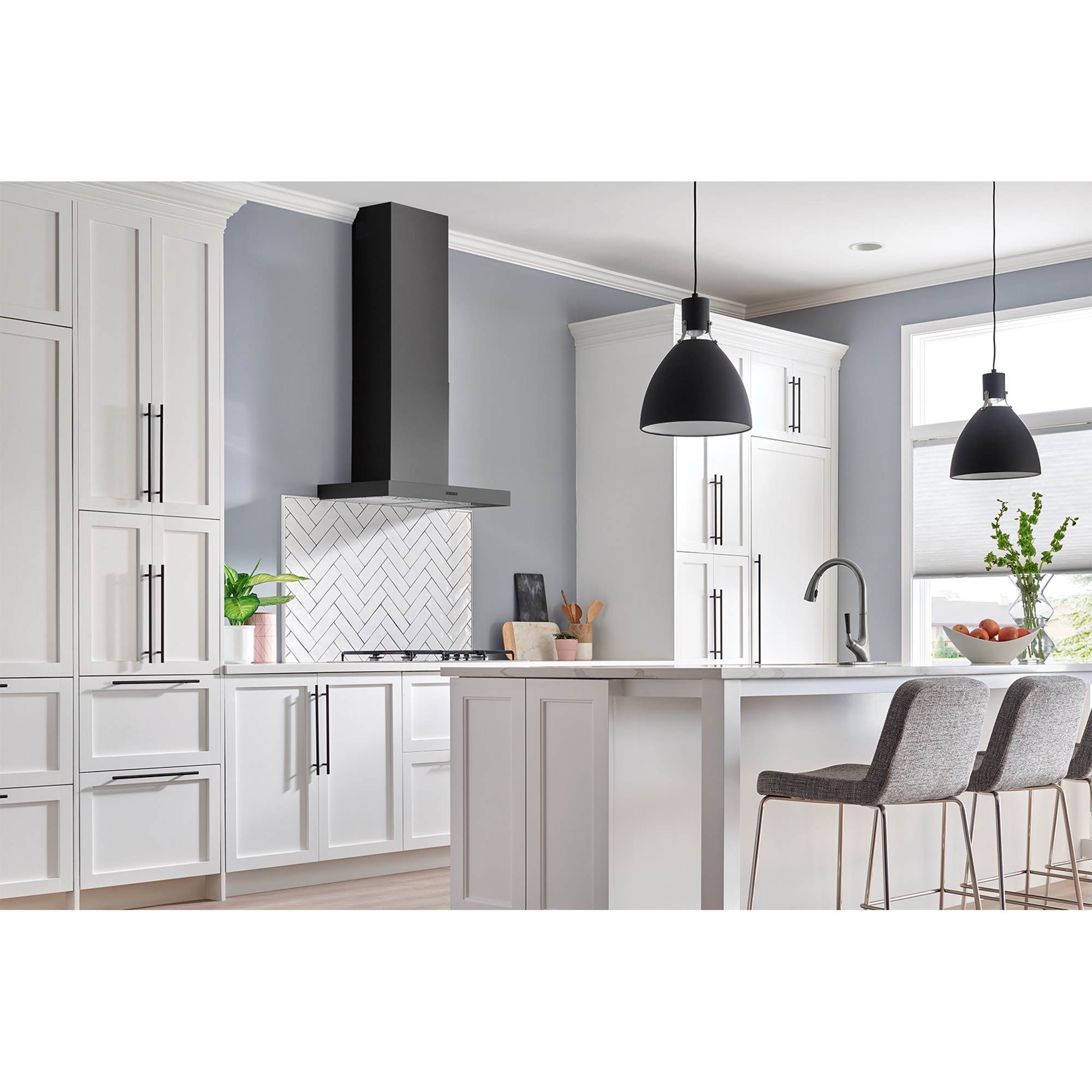 Broan Elite EW43 Series 30 in. Convertible Chimney Style Range Hood with 460 CFM, 3 Fan Speeds & 1 LED Light - Black Stainless, , hires