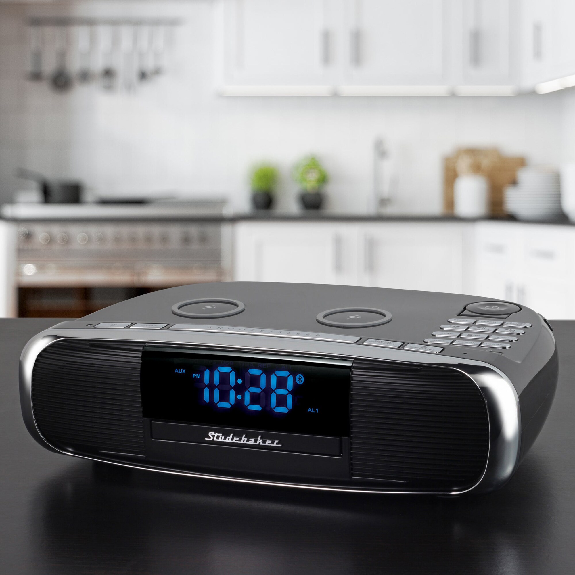 Studebaker Workstation Hi-Fi Music System with FM Radio, CD & Qi Wireless Charging Station - Black, , hires
