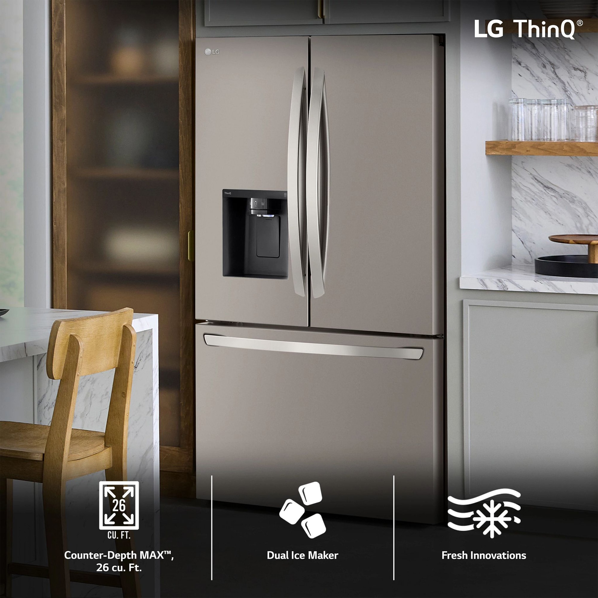 LG 36 in. 25.5 cu. ft. Smart Counter Depth French Door Refrigerator with Ice & Water Dispenser - PrintProof Stainless Steel, , hires