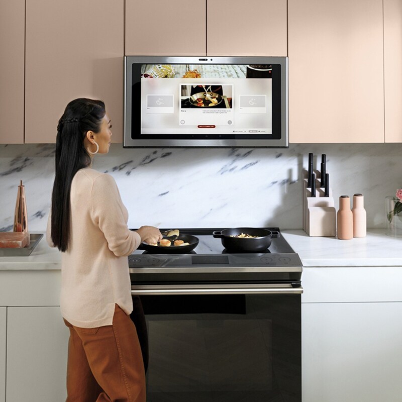 Cafe 30 in. 5.3 cu. ft. Smart Air Fry True European Convection Slide-In Electric Range with 5 Induction Burners - Platinum Glass, Platinum Glass, hires