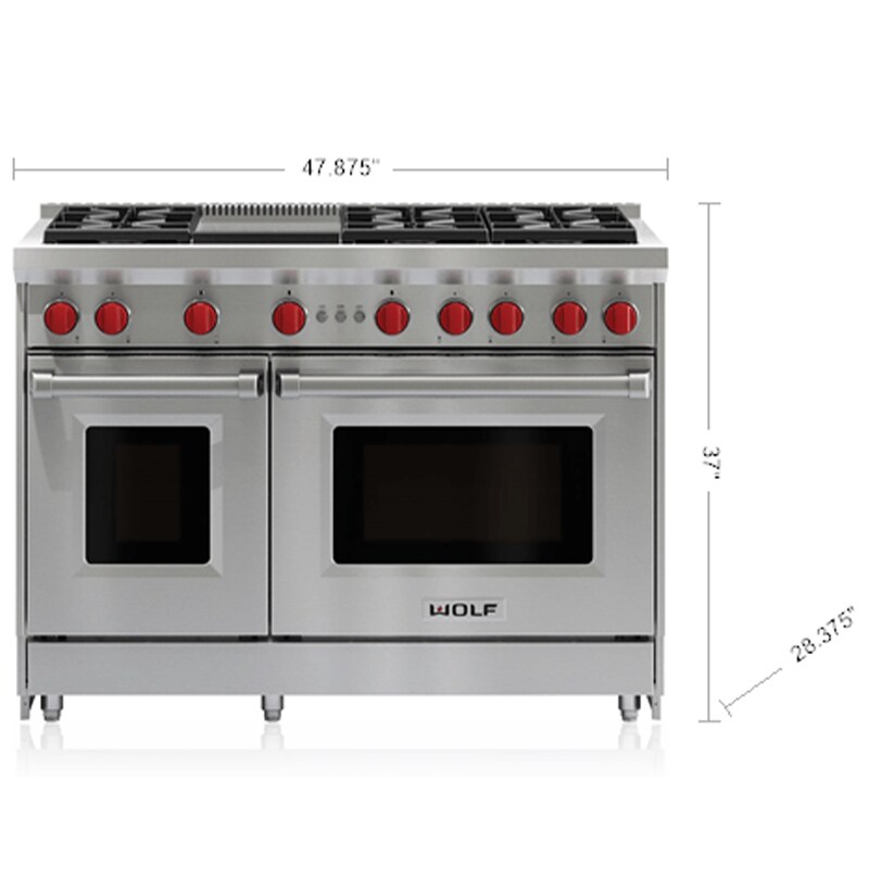 Wolf 48 in. 6.9 cu. ft. Standard Convection Double Oven Gas Range with 6 Sealed Burners & Griddle - Stainless Steel, , hires