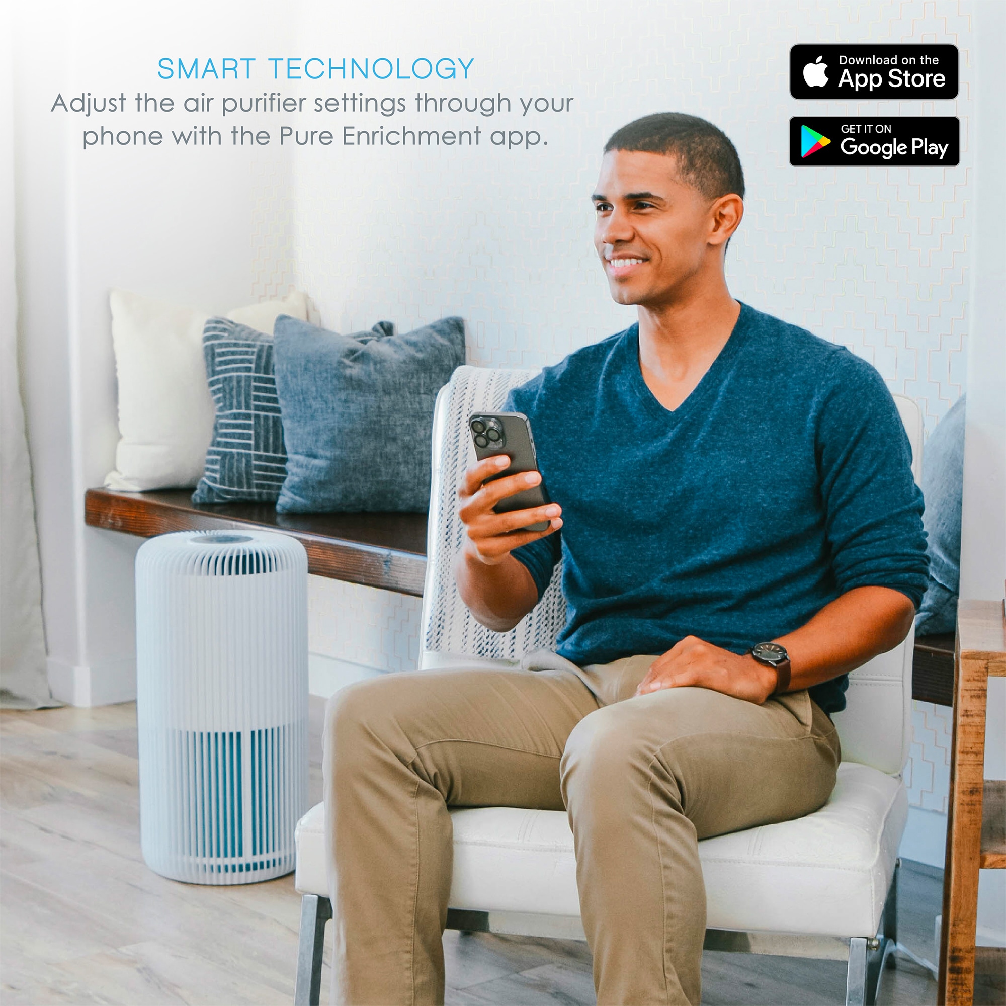 Pure Enrichment 11 in. HEPA Air Purifier with 5 Stages of Filtration, 4 Fan Settings & Sleep Mode - White, , hires