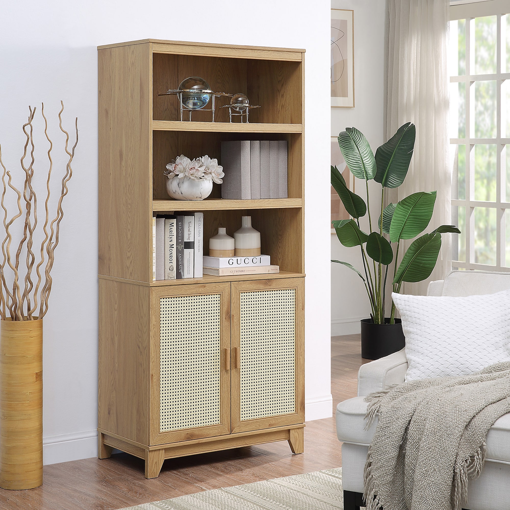 Manhattan Comfort Sheridan Modern Cane Bookcase with Adjustable Shelves - Nature, , hires