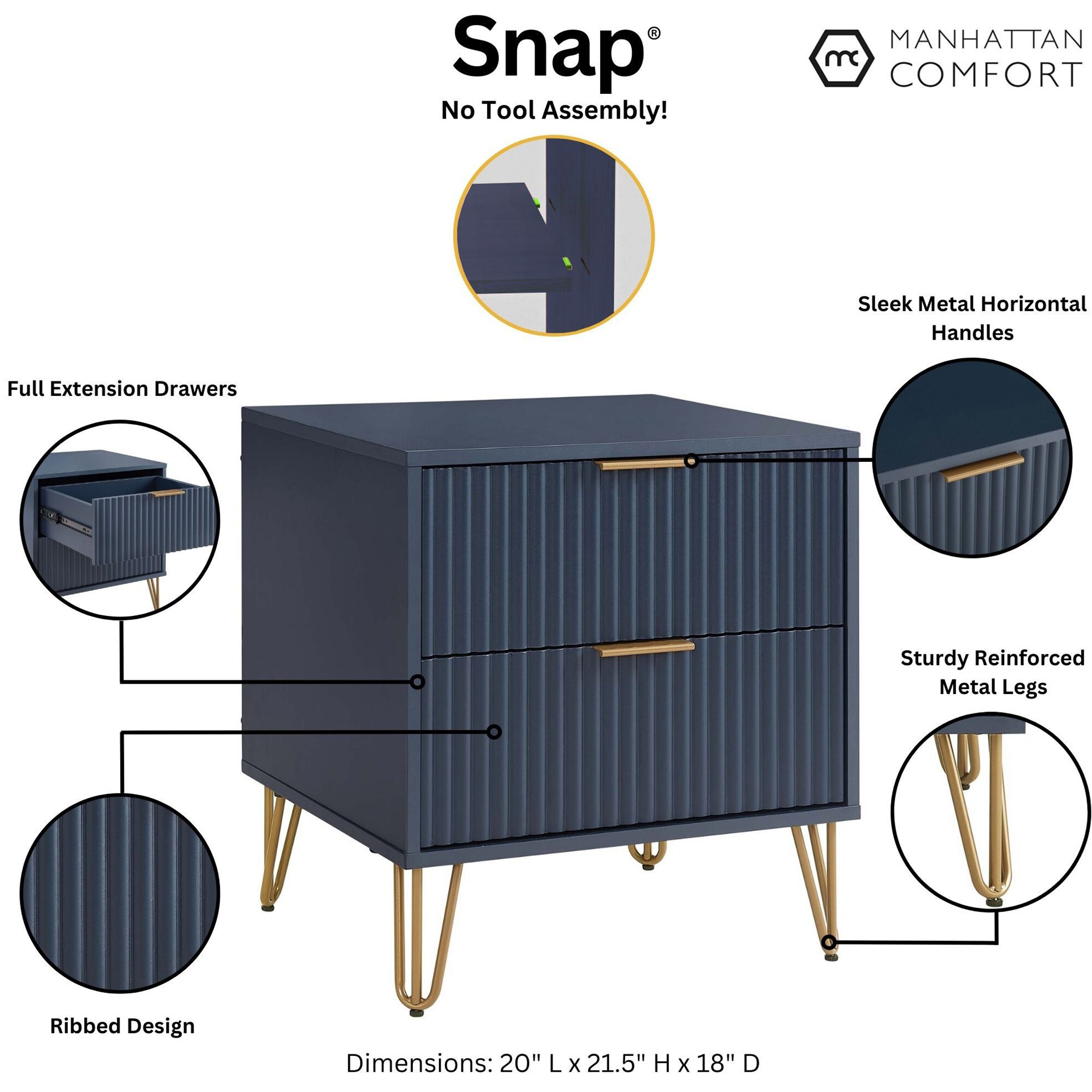 Manhattan Comfort DUMBO 2.0 Modern Nightstand with 2 Drawer & Metal Feet - Midnight Blue, Midnight Blue, hires