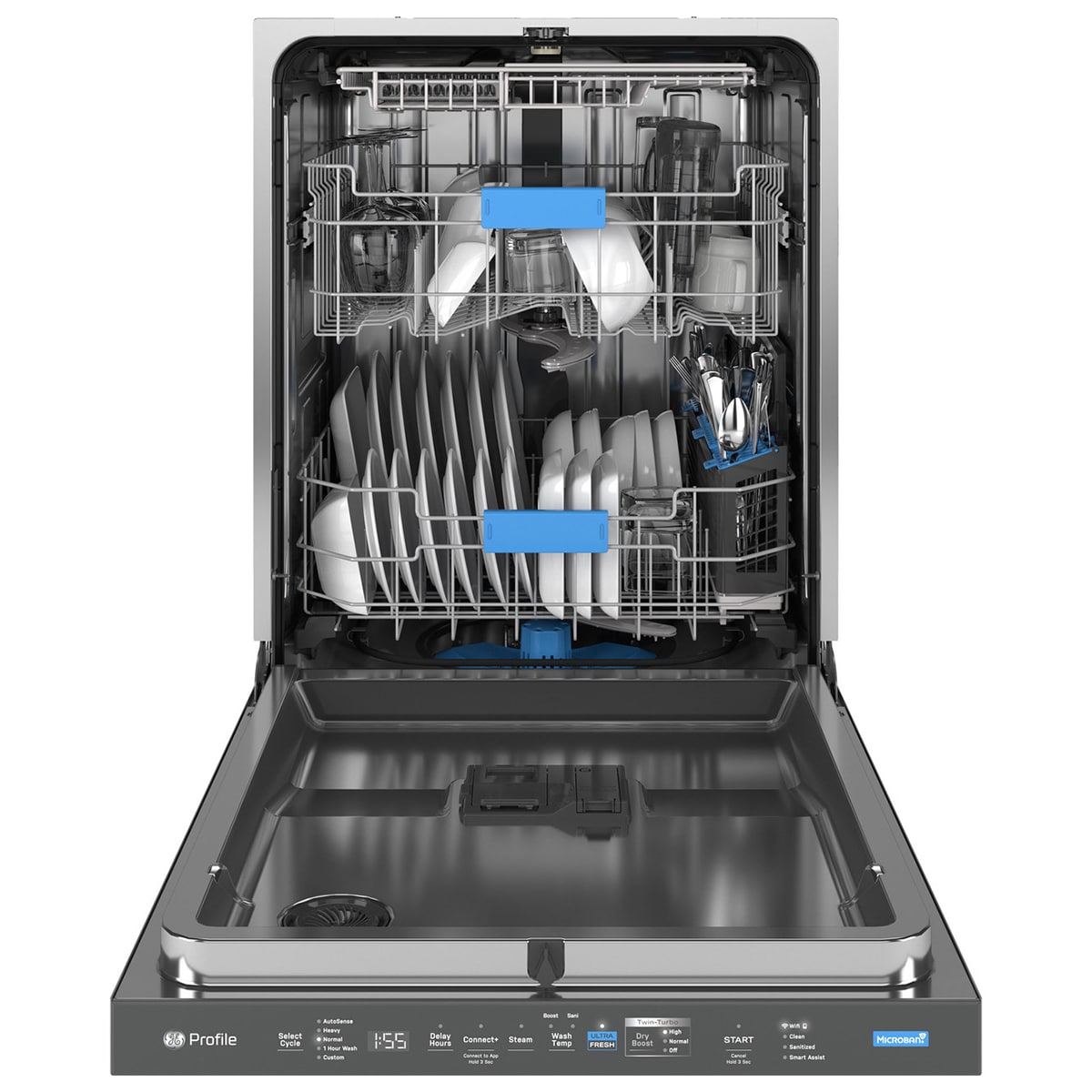 GE Profile 24 in. Top Control Flush-Mount Smart Dishwasher with 42 dBa Sound Level, 3rd-Rack, Twin Turbo Dry Boost & Pocket Handle - Fingerprint resistant Black Stainless, , hires