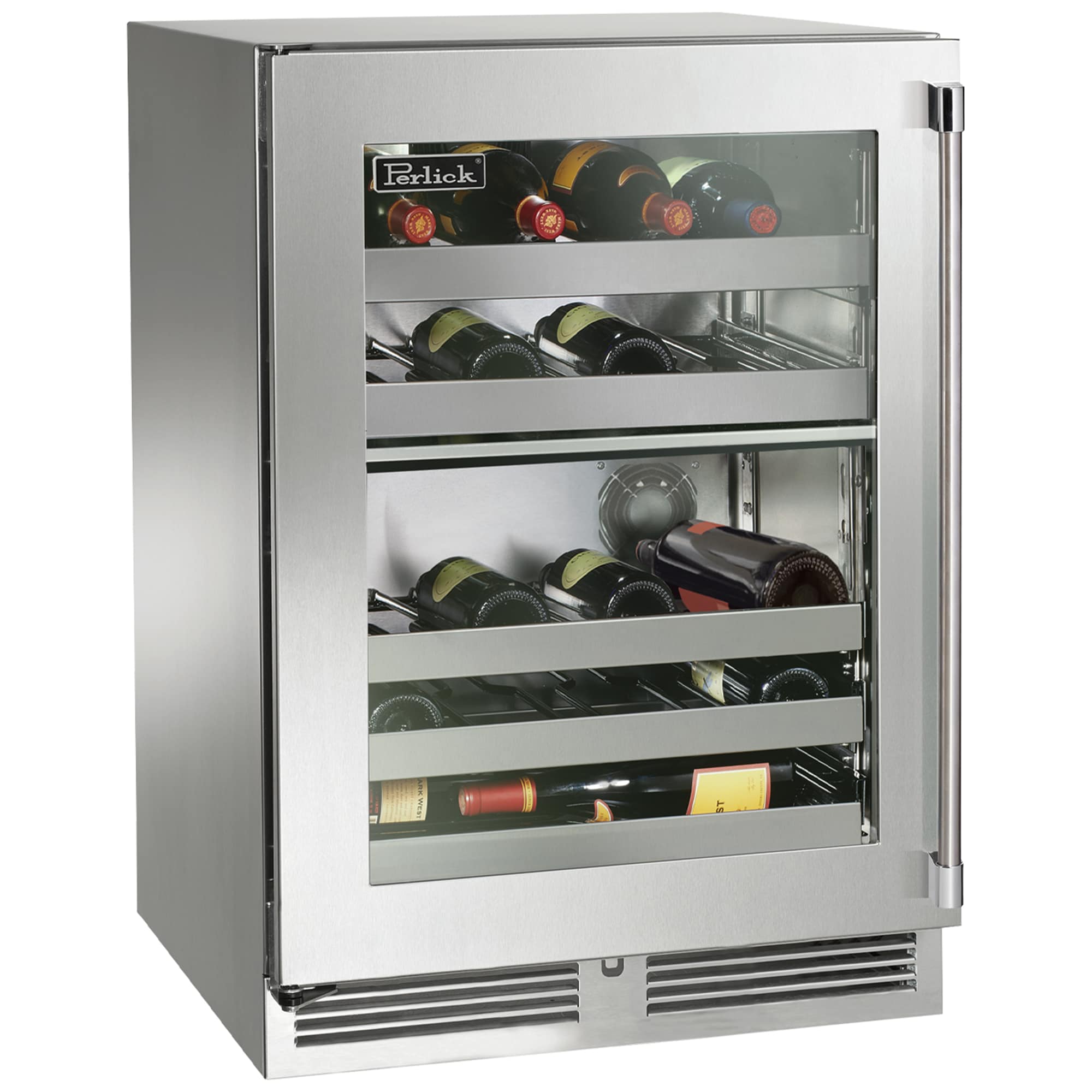 Perlick Signature Series 24 in. Outdoor Undercounter Wine Reserve with Metal Racks, Dual Temperature Zones & 32 Bottle Capacity - Stainless Steel, , hires