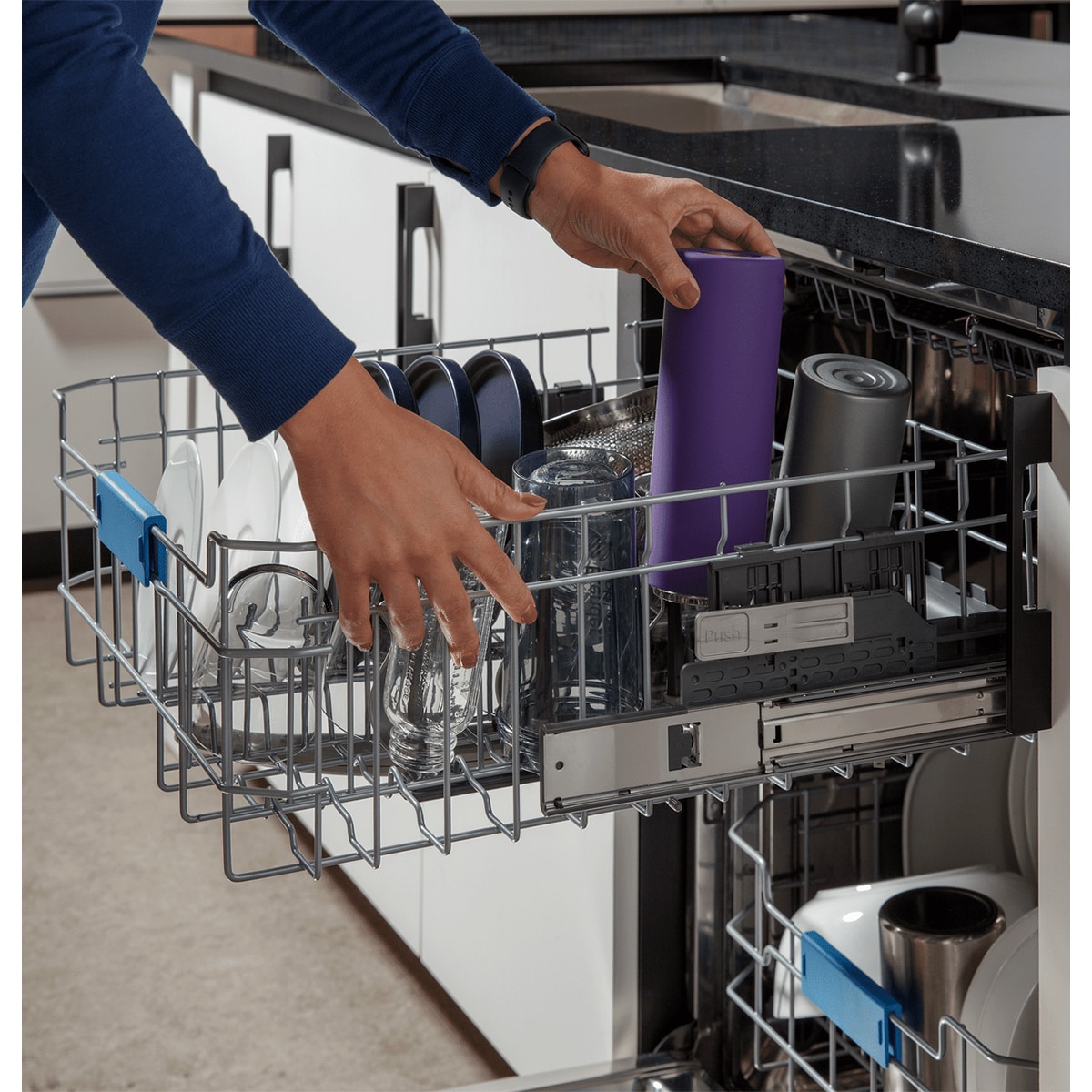 GE Profile 24 in. Top Control Flush-Mount Smart Dishwasher with 44 dBa Sound Level, 3rd-Rack, Dry Boost & Pocket Handle - Fingerprint Resistant Stainless, , hires