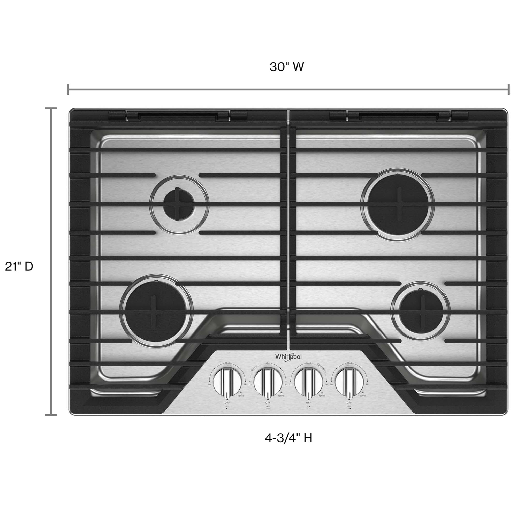 Whirlpool 30 in. 4-Burner Natural Gas Cooktop with Simmer Burner & Power Burner - Stainless Steel, Stainless Steel, hires