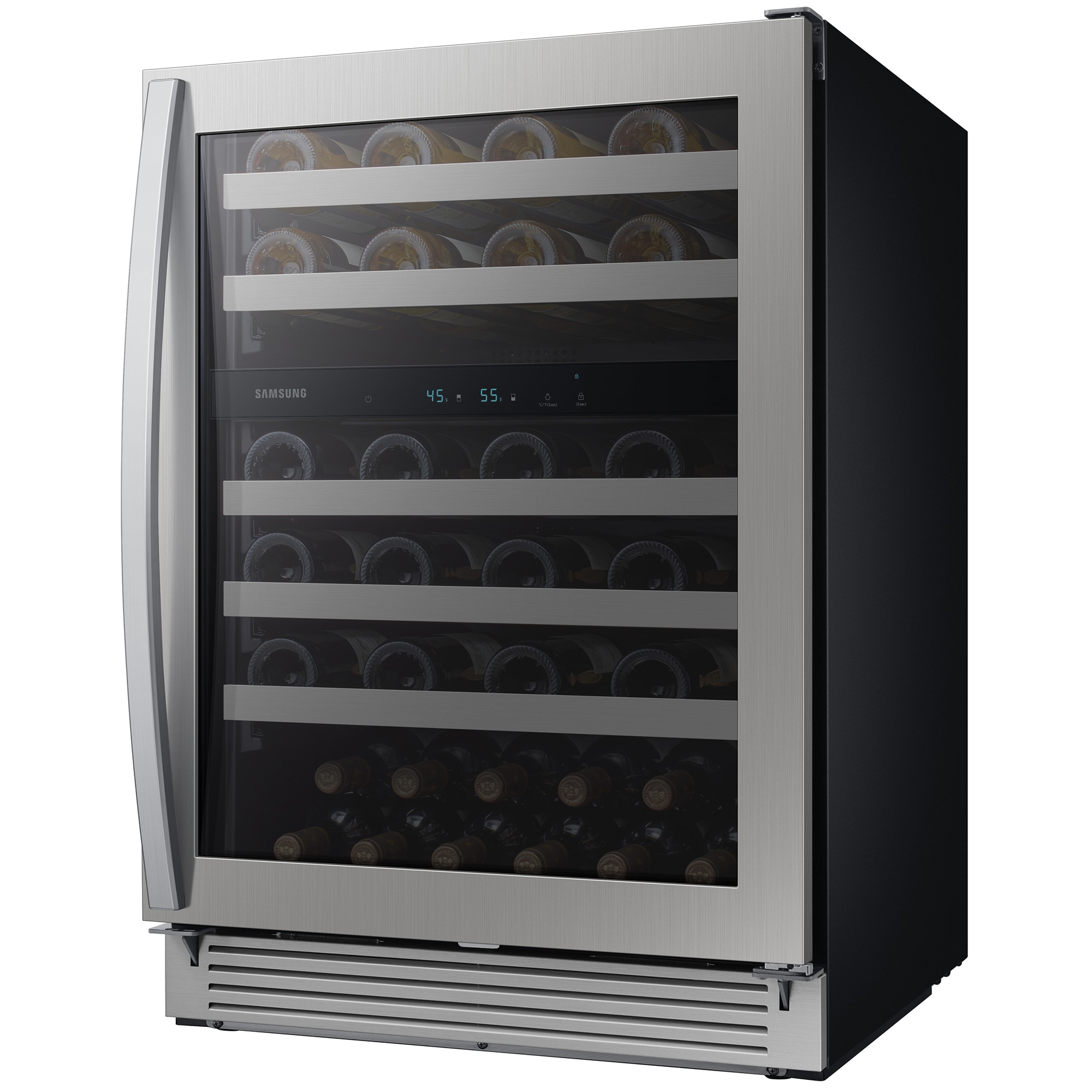 Samsung 24 in. Undercounter Wine Cooler with Wire Racks, Dual Temperature Zones & 51 Bottle Capacity - Stainless Steel, , hires