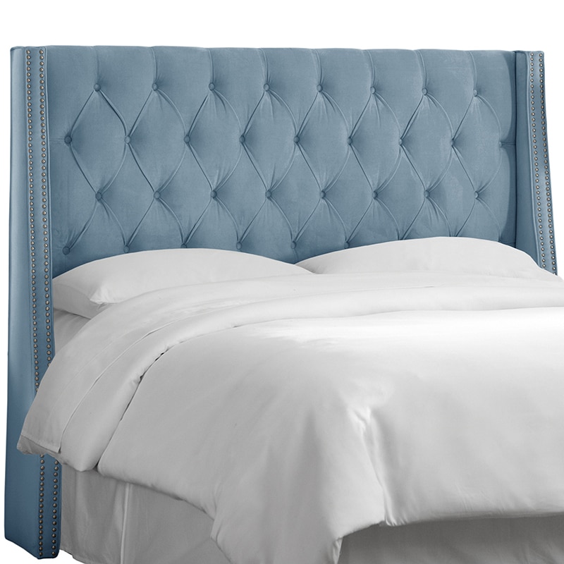 Skyline Queen Nail Button Tufted Wingback Headboard in Velvet - Ocean, Ocean Blue, hires