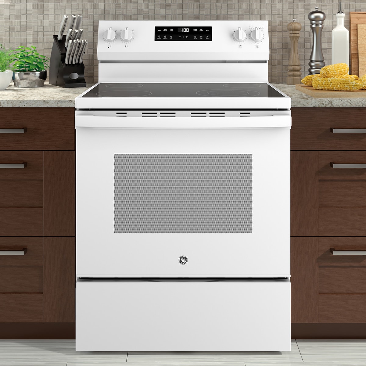 GE 400 Series 30 in. 5.3 cu. ft. Smart Electric Range with Radiant Burners - White, White, hires