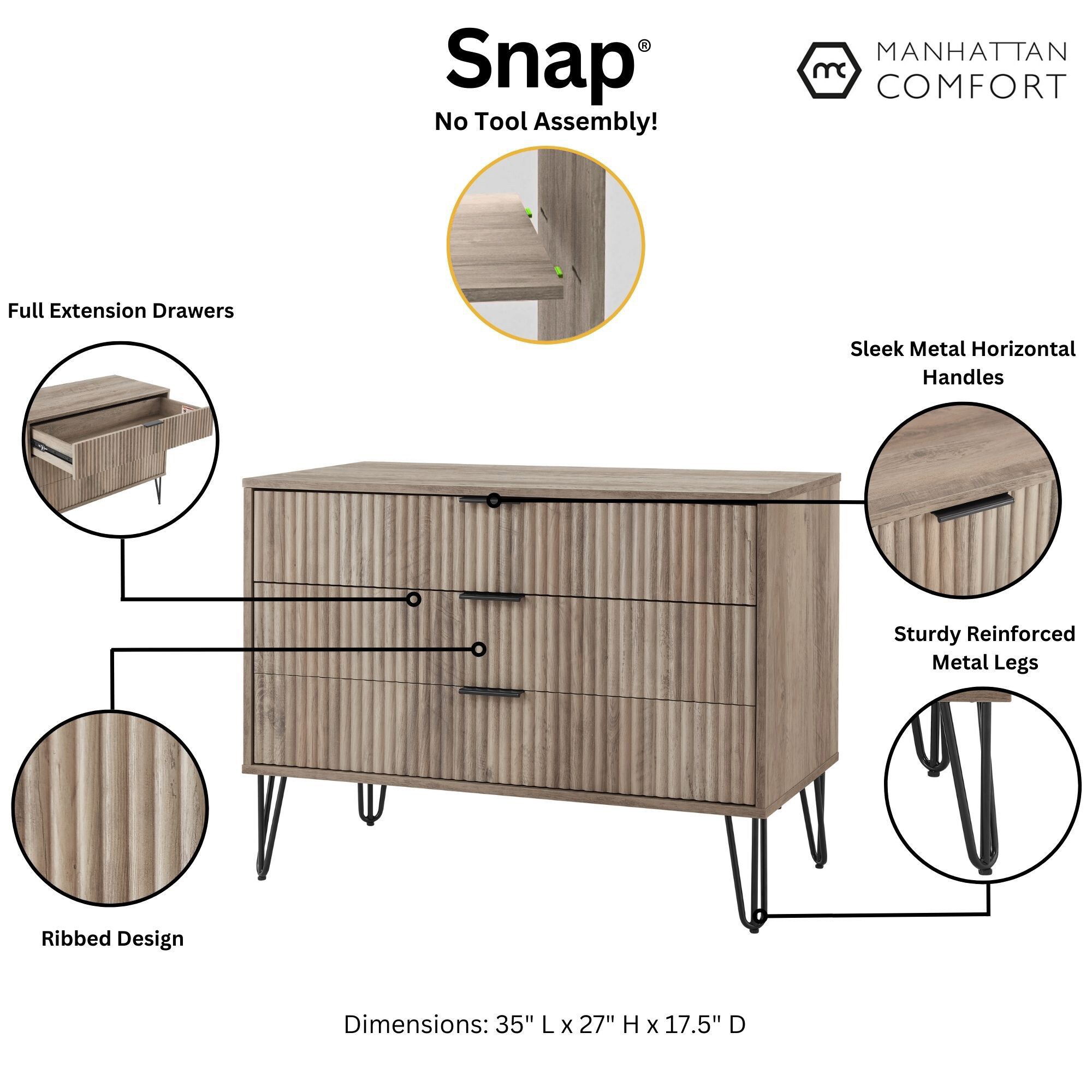 Manhattan Comfort DUMBO Modern 3-Drawer Dresser - Gray, Gray, hires
