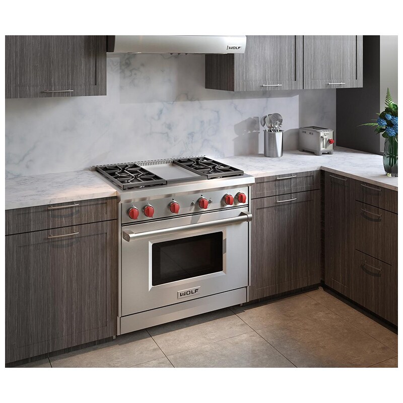 Wolf 36 in. 5.5 cu. ft. Standard Convection Gas Range with 4 Sealed Burners & Griddle - Stainless Steel, , hires