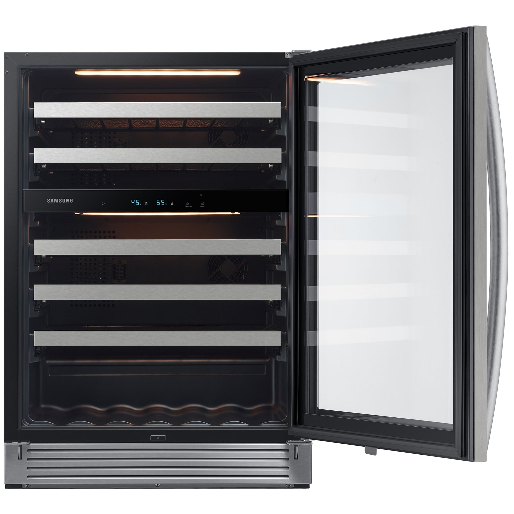 Samsung 24 in. Undercounter Wine Cooler with Wire Racks, Dual Temperature Zones & 51 Bottle Capacity - Stainless Steel, , hires