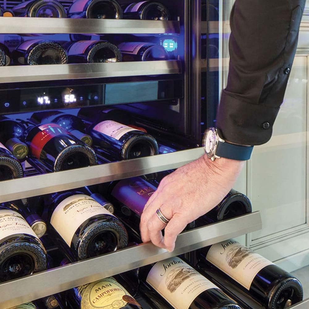 XO 24 in. Undercounter Wine Cooler with Metal Racks, Dual Temperature Zones & 46 Bottle Capacity Left Hinged - Stainless Steel, Stainless Steel, hires