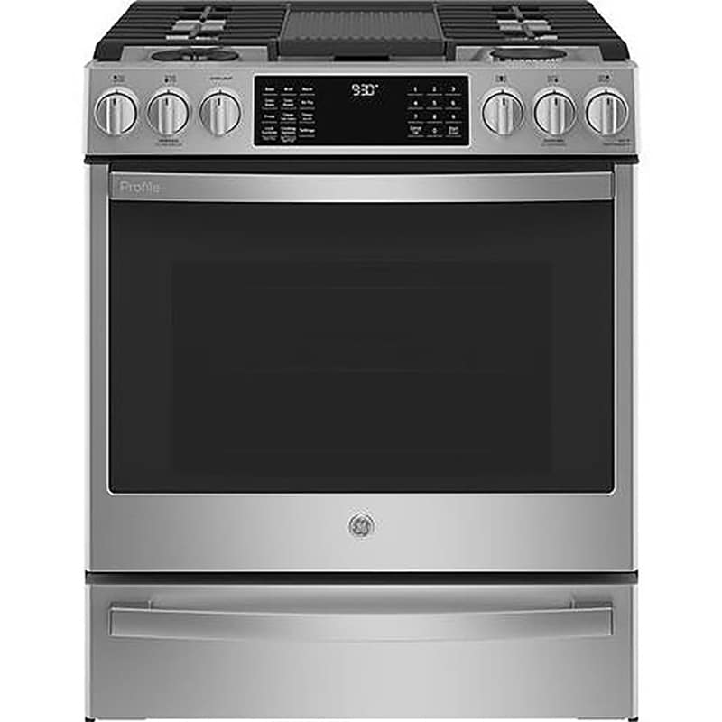 GE Profile 30 in. 5.7 cu. ft. Smart Air Fry True European Convection Slide-In Dual Fuel Range with 5 Sealed Burners, Grill & Griddle - Fingerprint Resistant Stainless, , hires