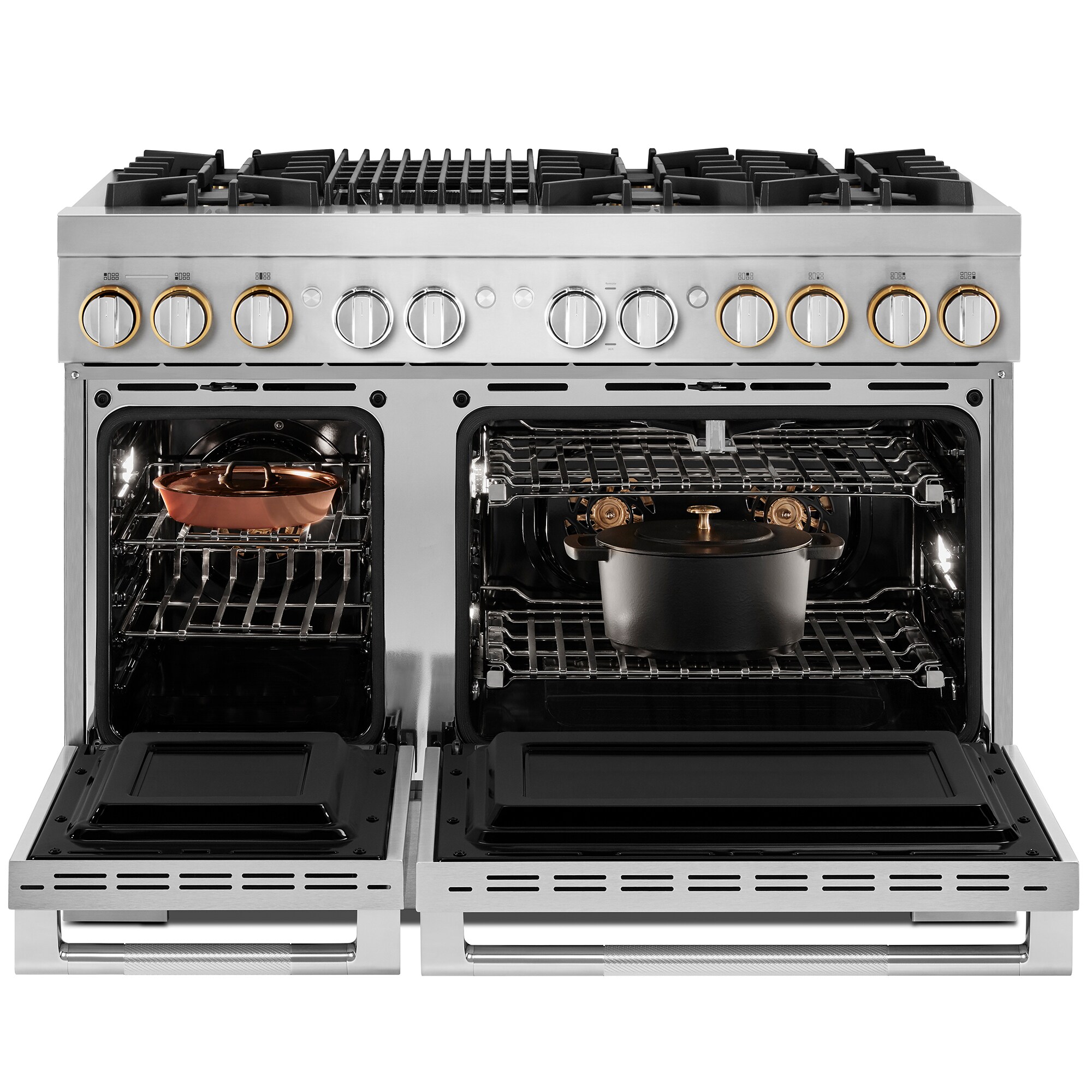 JennAir Rise Series 48 in. 6.3 cu. ft. Smart True European Convection Double Oven Dual Fuel Range with 6 Sealed Burners & Grill - Stainless Steel, , hires