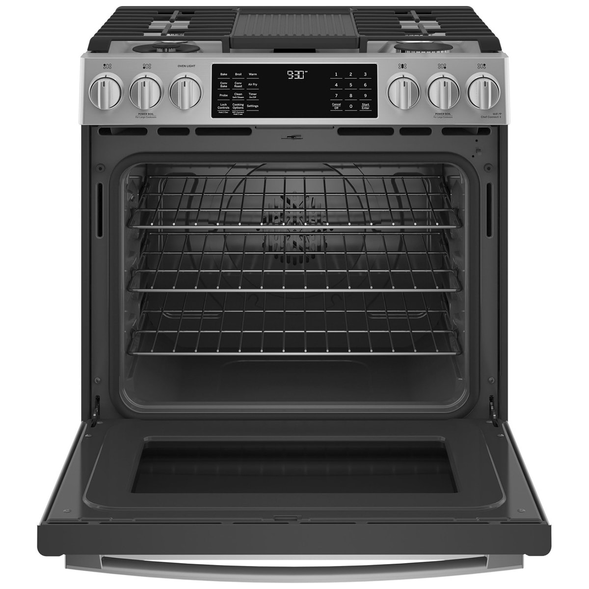 GE Profile 30 in. 5.7 cu. ft. Smart Air Fry True European Convection Slide-In Dual Fuel Range with 5 Sealed Burners, Grill & Griddle - Fingerprint Resistant Stainless, , hires
