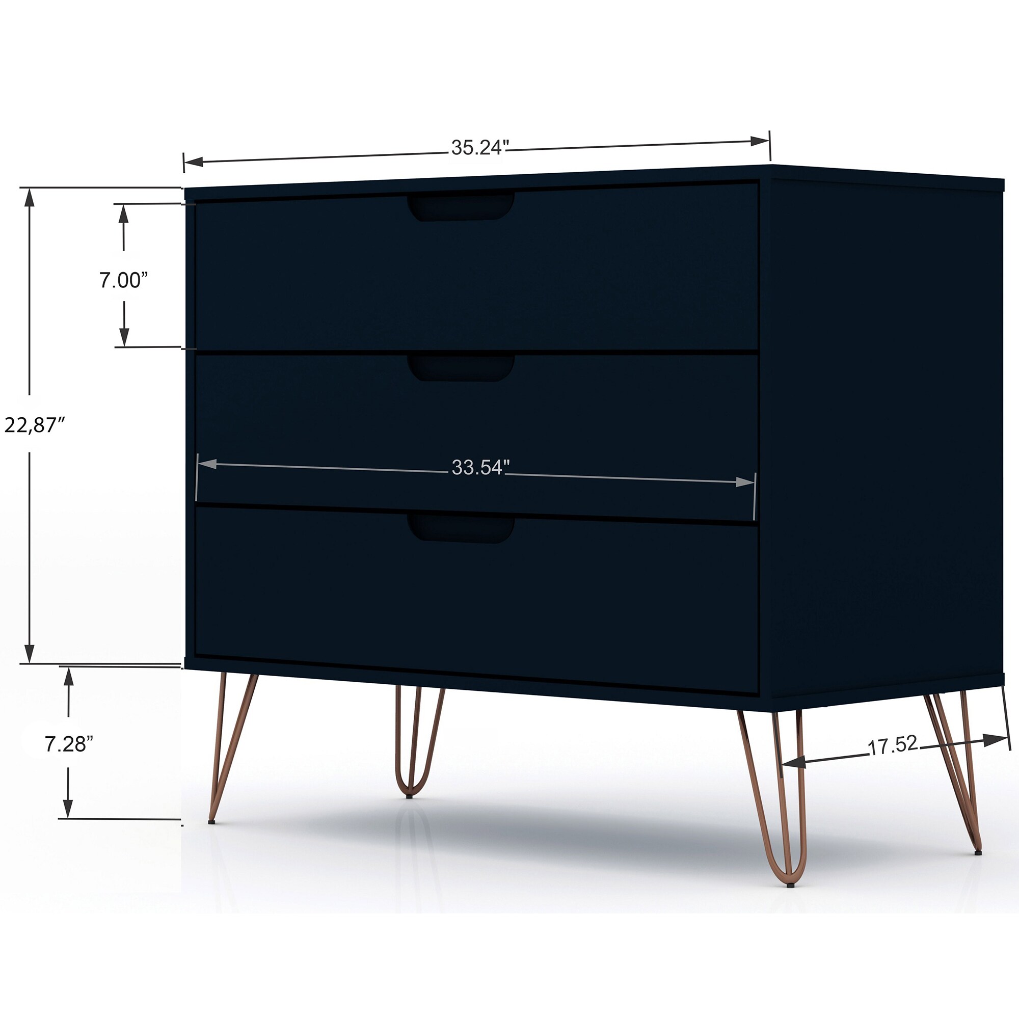 Manhattan Comfort Rockefeller Mid-Century Modern 3-Drawer Dresser - Tatiana Midnight Blue, Midnight Blue, hires