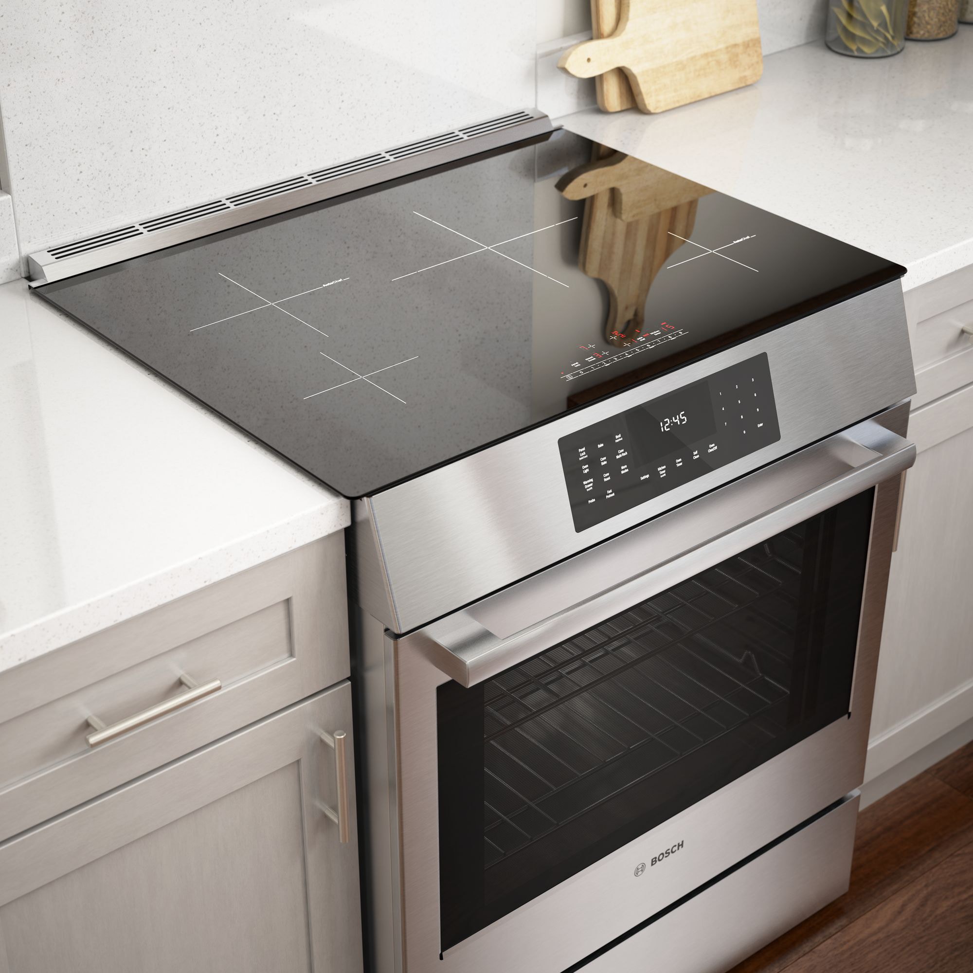Bosch 800 Series 30 in. 4.6 cu. ft. True European Convection Slide-In Electric Range with 4 Induction Burners - Stainless Steel, , hires