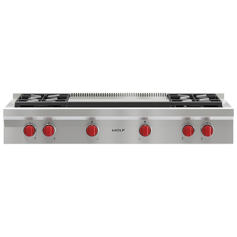 Wolf 48 in. 4-Burner LP Gas Rangetop with Griddle & Power Burner - Stainless Steel, , hires