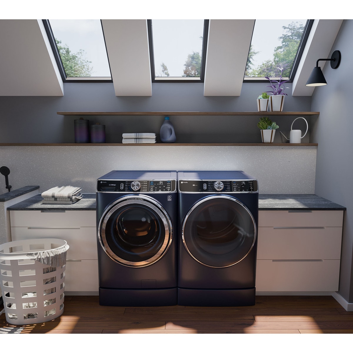 GE Profile 28 in. 7.8 cu. ft. Smart Stackable Gas Dryer with Sensor Dry, Sanitize & Steam Cycle - Sapphire Blue, Sapphire Blue, hires