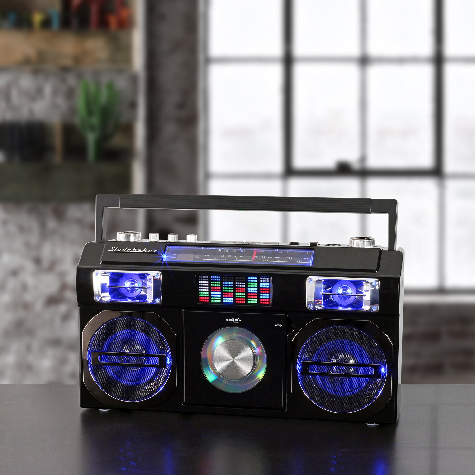 Studebaker SB2145 80's Retro Street Portable Bluetooth Boombox with FM Radio, CD Player, LED EQ and 10 Watts RMS Power, , hires