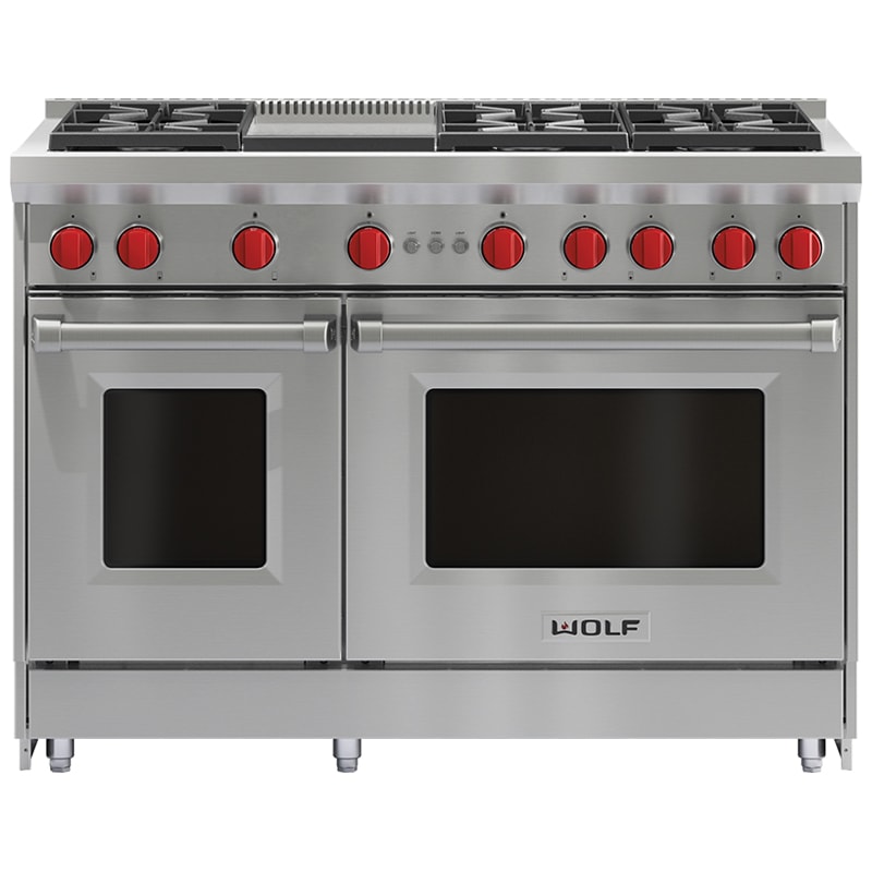 Wolf 48 in. 6.9 cu. ft. Standard Convection Double Oven Gas Range with 6 Sealed Burners & Griddle - Stainless Steel, , hires