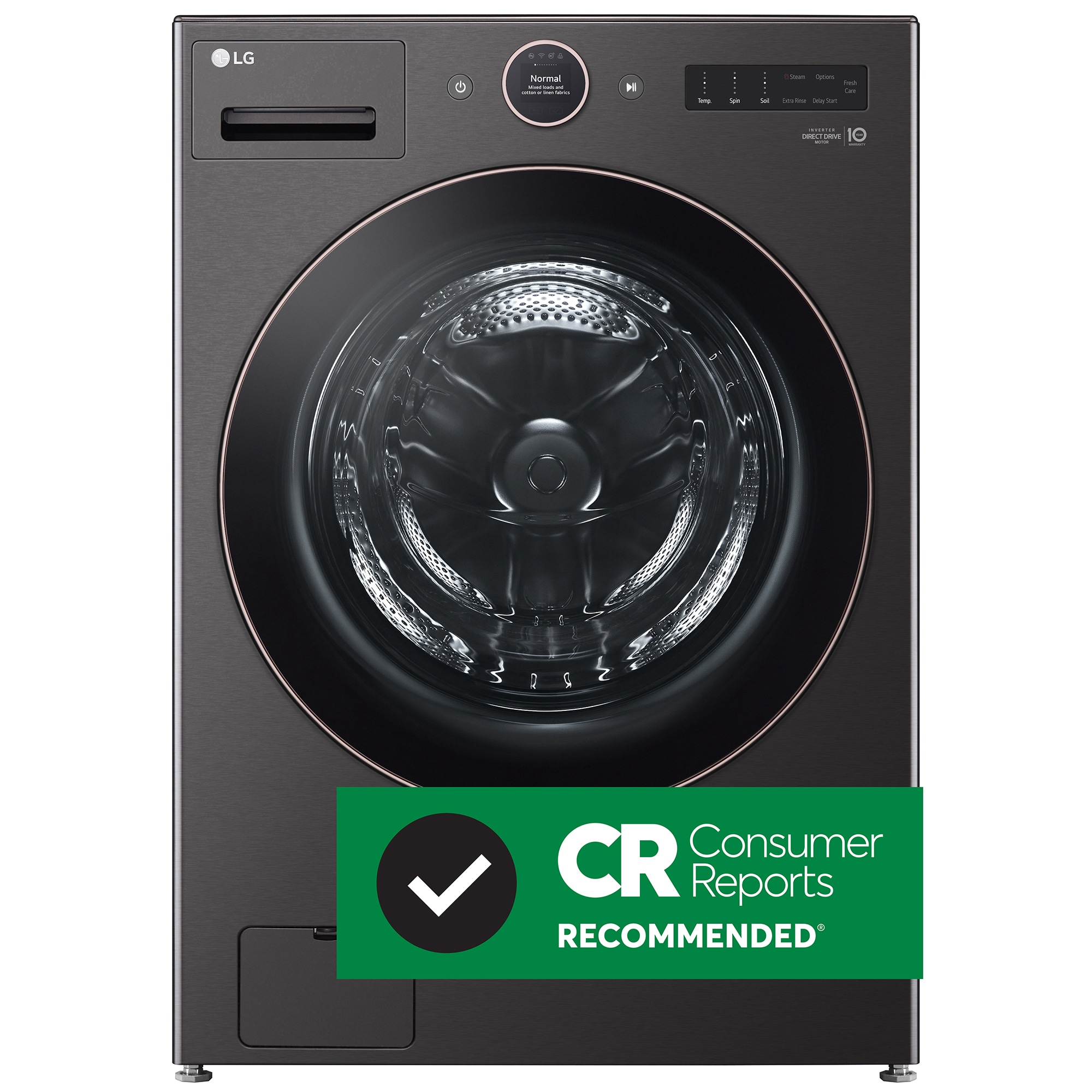 LG 27 in. 5.0 cu. ft. Smart Stackable Front Load Washer with AI DD Built-In Intelligence, TurboWash 360 Technology, Allergiene, Sanitize & Steam Wash Cycle - Black, Black Steel, hires