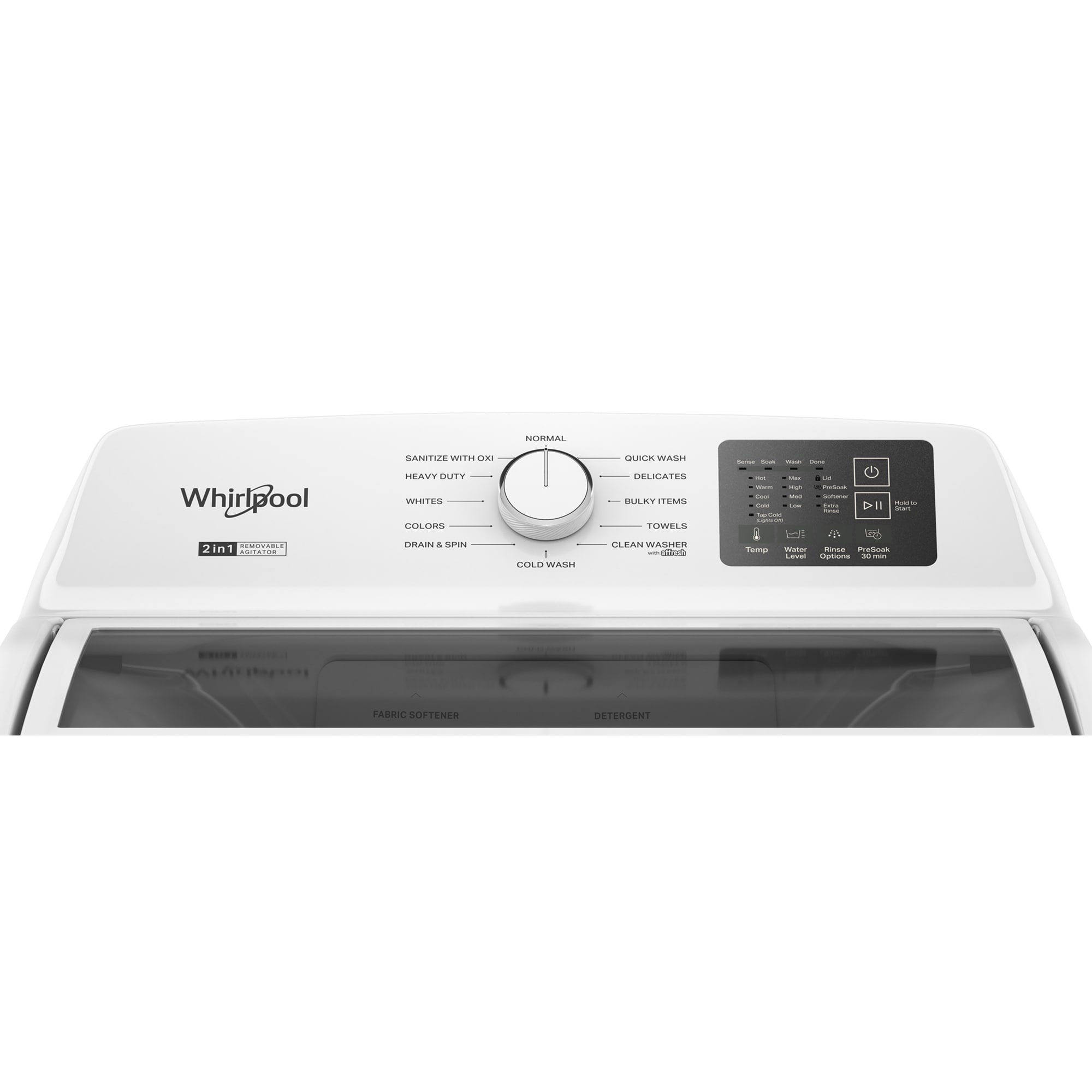 Whirlpool 27 in. 4.2 cu. ft. Top Load Washer with 2-in-1 Removable Agitator, Sanitize with Oxi & Soft Close Glass Lid - White, , hires