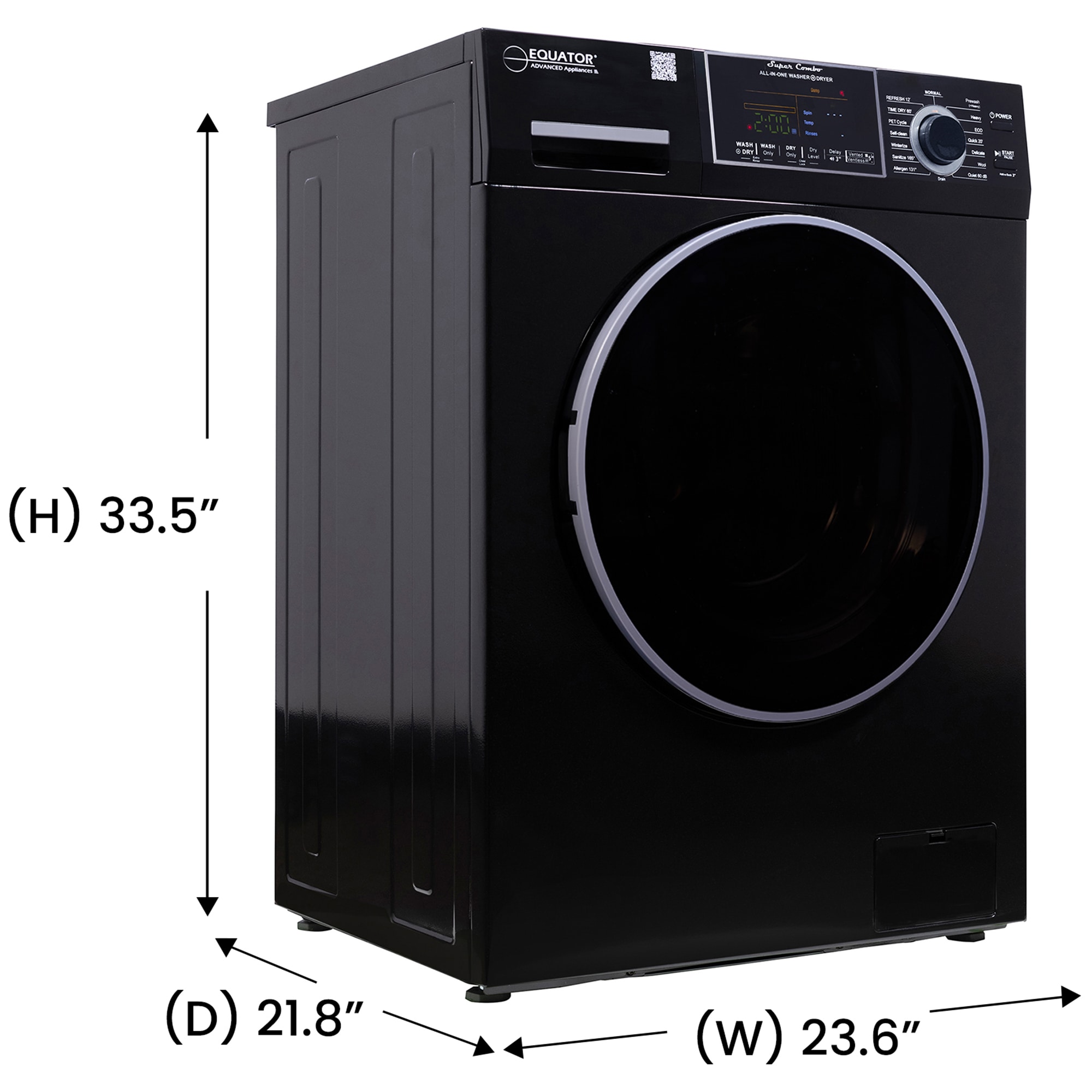 Equator 24 in. 1.6 cu. ft. Electric Front Load Vented/Ventless All-in-One Laundry Center with Pet Cycle, Sanitize Cycle & Sensor Dry - Black, Black, hires