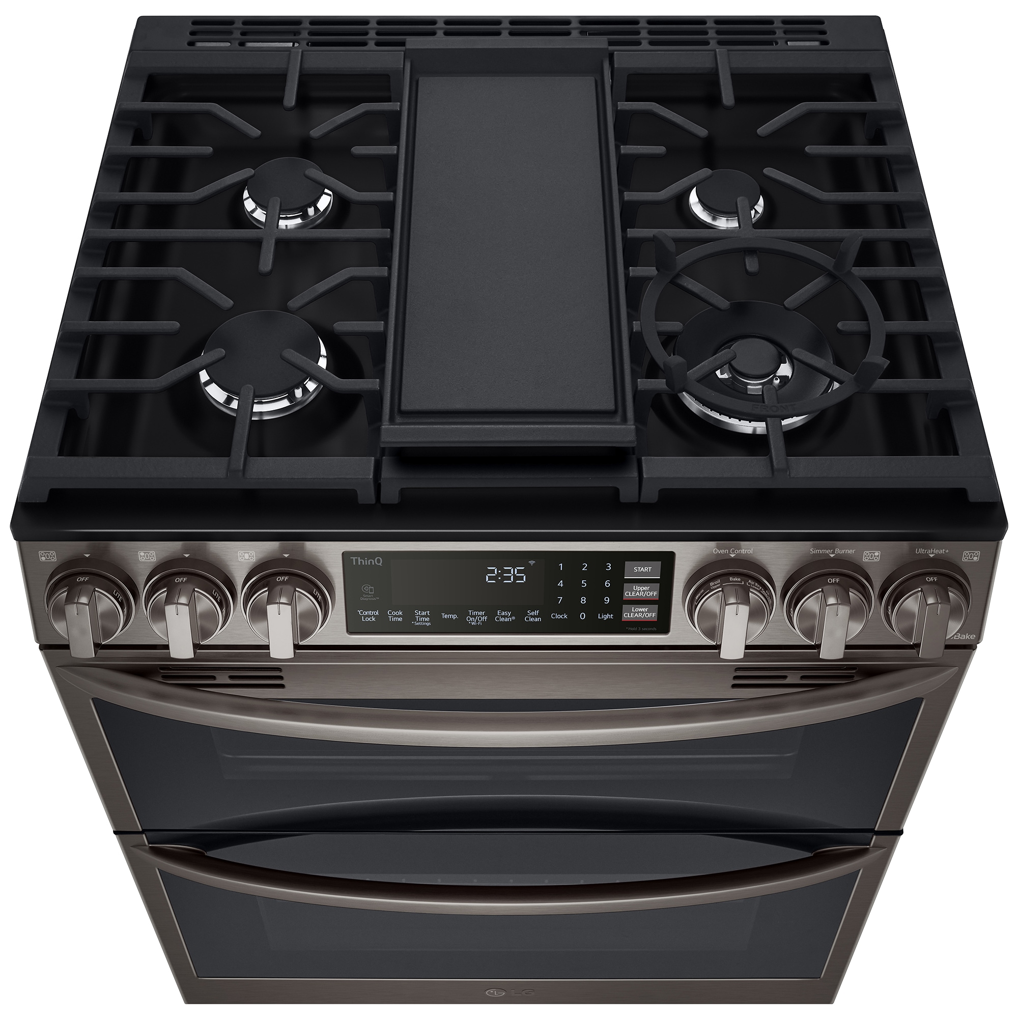 LG InstaView 30 in. 6.9 cu. ft. Smart Air Fry True European Convection Double Oven Slide-In Gas Range with 5 Sealed Burners & Griddle - PrintProof Black Stainless Steel, PrintProof Black Stainless Steel, hires